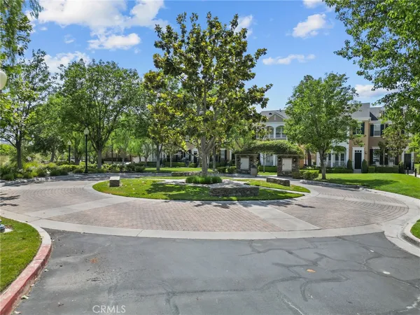 a view of a park with plants and large trees