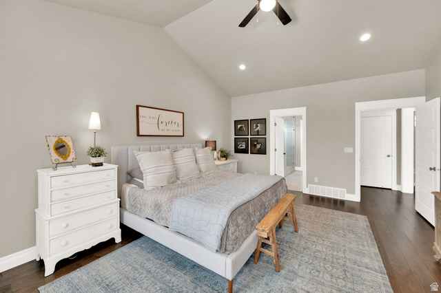1132 South 1300th Street West Mapleton, UT 84664 - Photo 18 of 52 Primary bedroom with Vaulted ceiling with a ceiling fan and recessed lighting