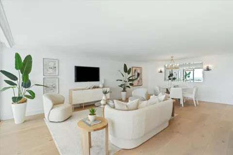 a living room with furniture a flat screen tv and a potted plant
