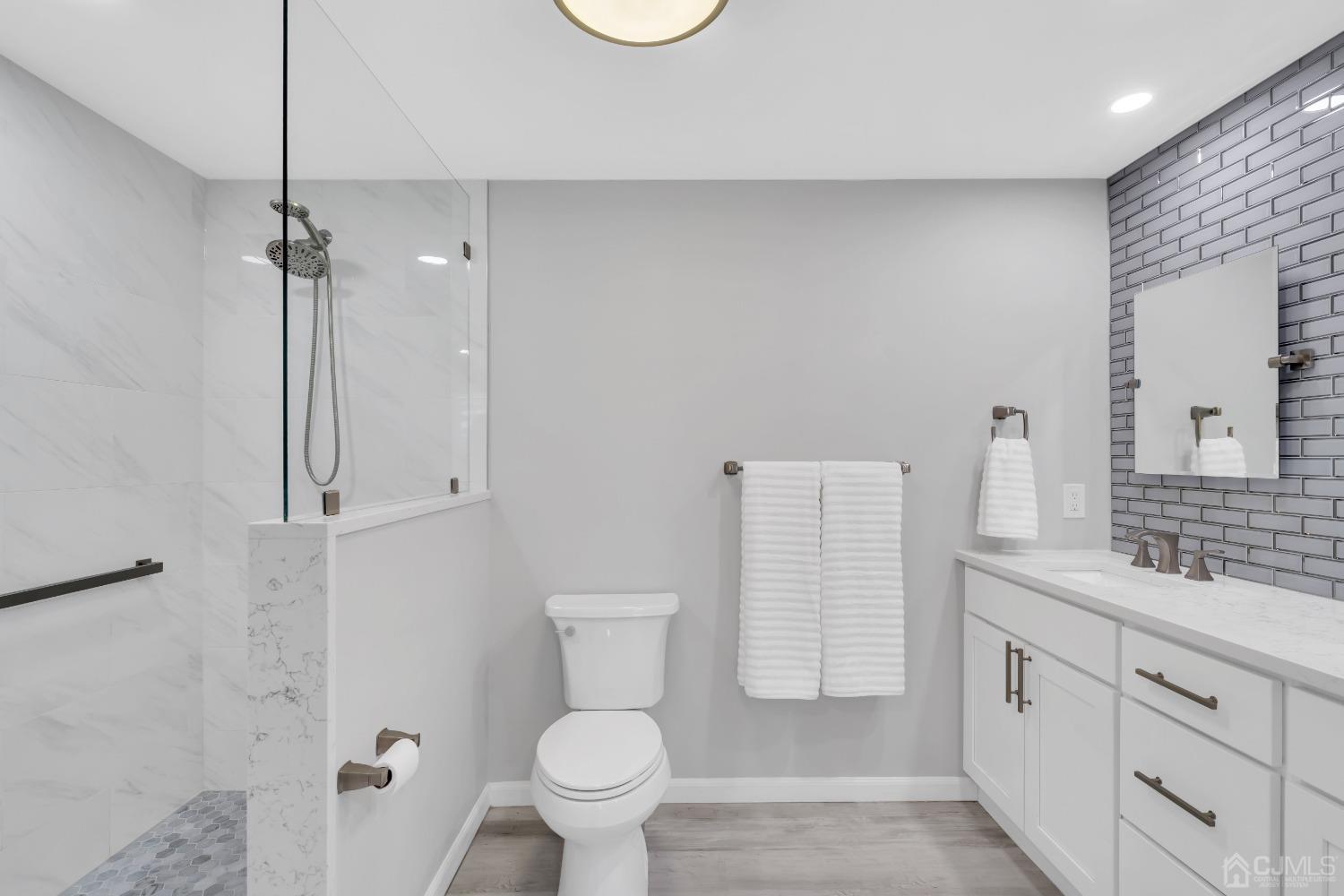 116 Grovers Mill Road Plainsboro, NJ 08536 - Photo 38 of 78 a bathroom with a granite countertop sink a toilet and a shower