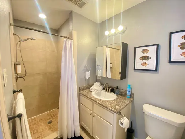 a bathroom with a granite countertop sink toilet and shower
