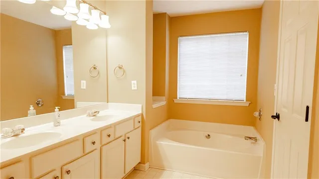 a bathroom with a tub a sink and a mirror