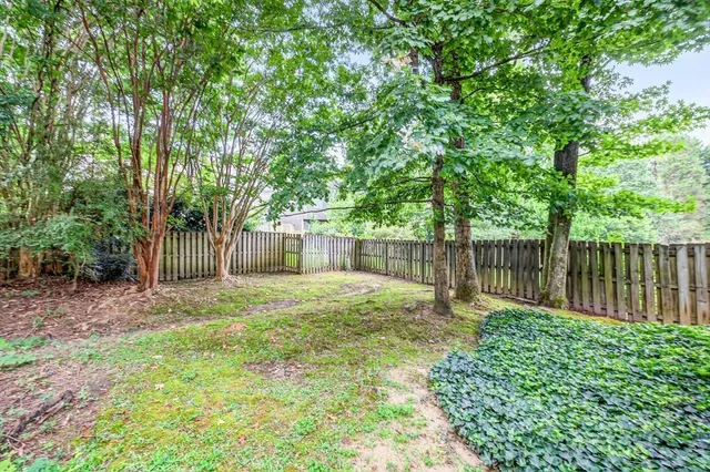 a view of a backyard with large trees and wooden fence