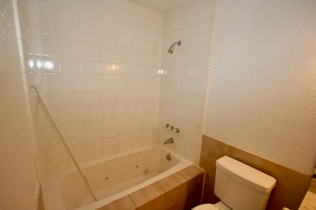 a bathroom with a bathtub and toilet