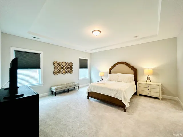 a bedroom with a bed and a television