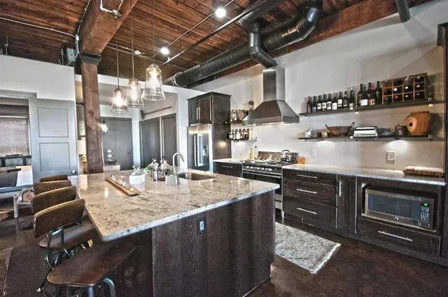 a kitchen with lots of counter top space