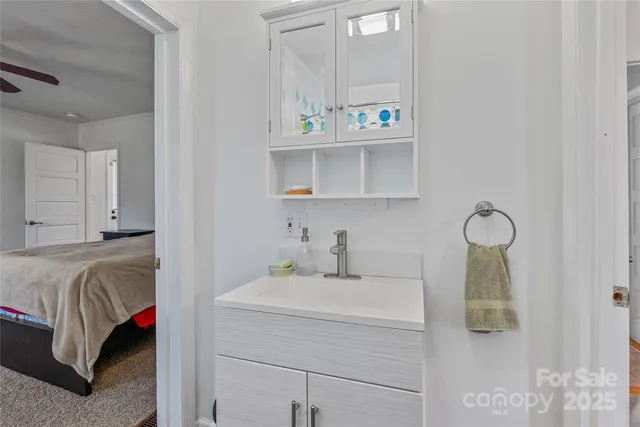 a bathroom with a sink and vanity