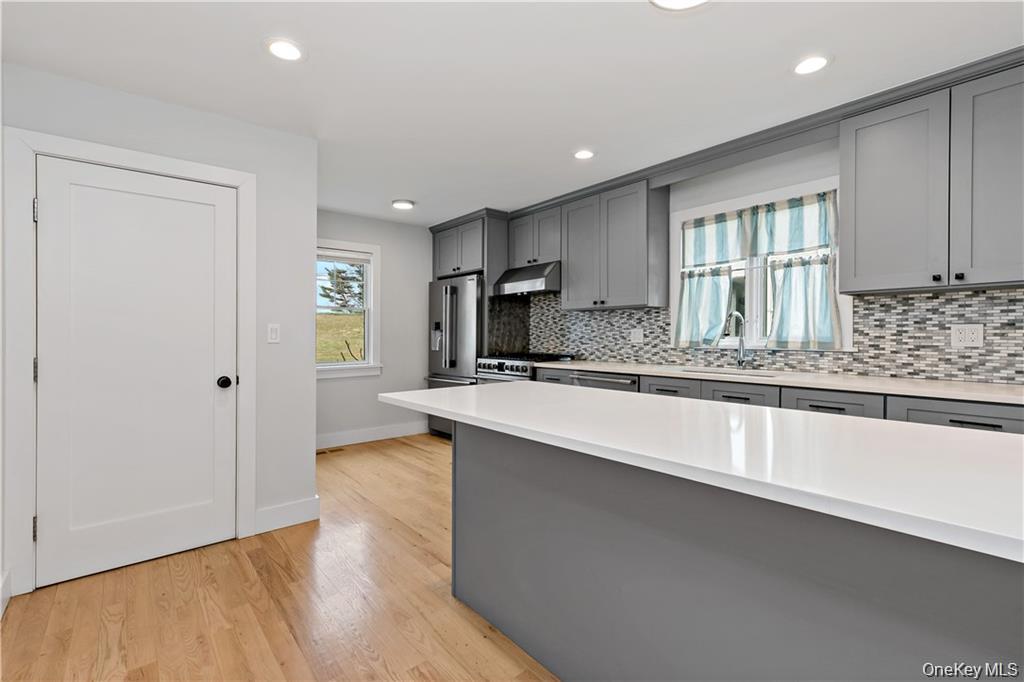 9 Lyons Place New Rochelle, NY 10801 - Photo 7 of 20 Kitchen featuring gray cabinetry, high quality appliances, under cabinet range hood, light wood finished floors, and decorative backsplash
