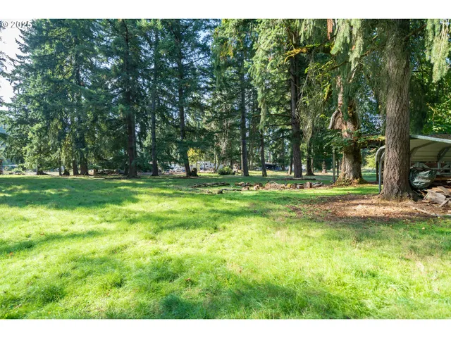 a view of backyard with table and chairs under an umbrella