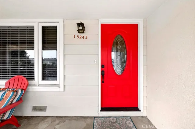 a view of a door with a red door