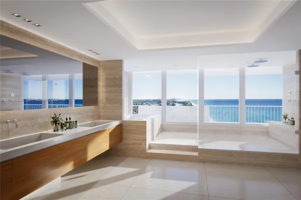 a view of a city with tall buildings in ocean