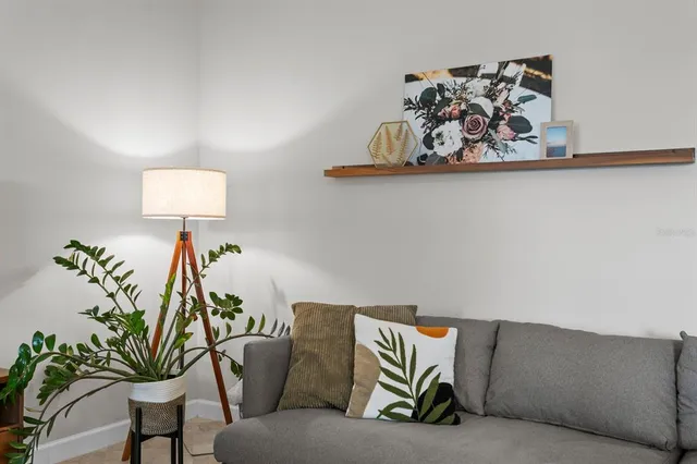 a living room with furniture and a potted plant