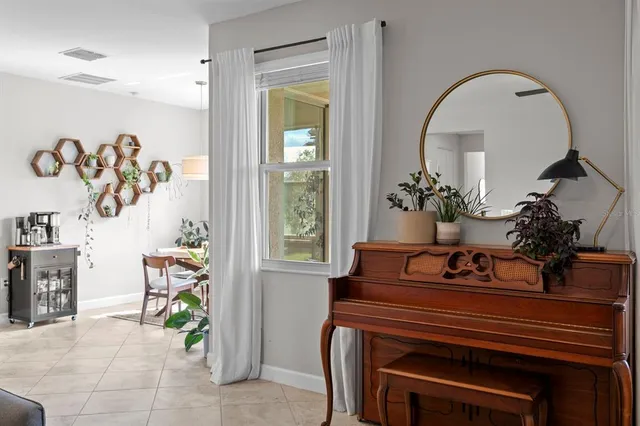 a living room with furniture and a potted plant