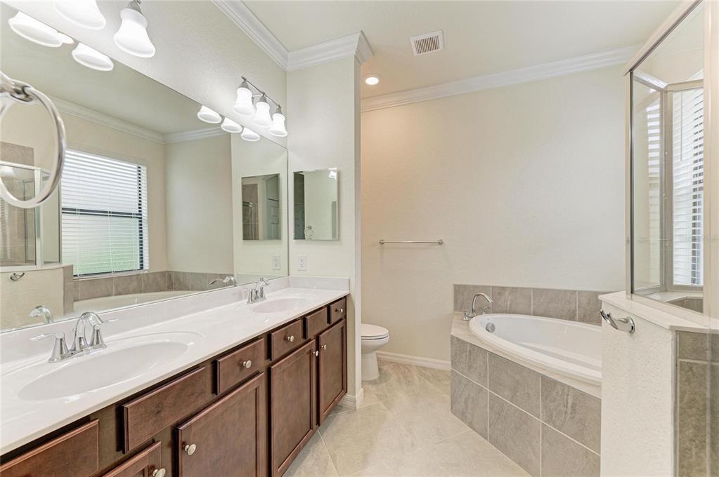 12434 Amica Loop Venice, FL 34293 - Photo 23 of 74 a bathroom with a granite countertop sink a large mirror and a bathtub