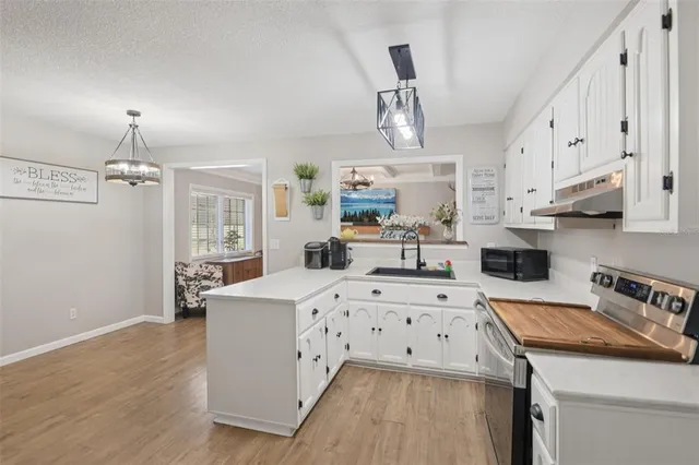 a kitchen with a sink a stove and cabinets