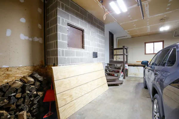 a front view of a car garage