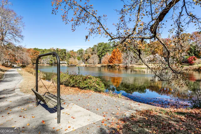 a view of a lake with a mountain in the background