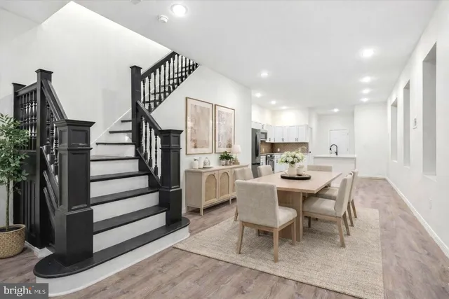 a view of a dining room with furniture