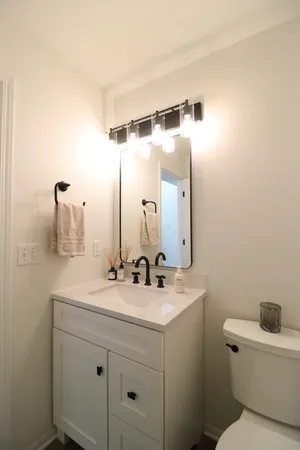a bathroom with a sink a toilet and mirror