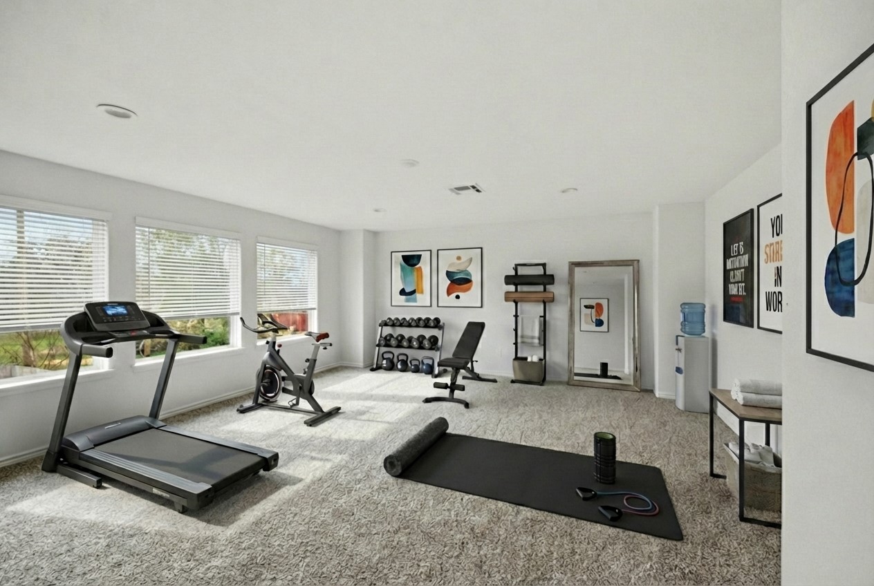 16511 Boston Post Road Cypress, TX 77429 - Photo 25 of 46 a living room with furniture gym equipment and a large window
