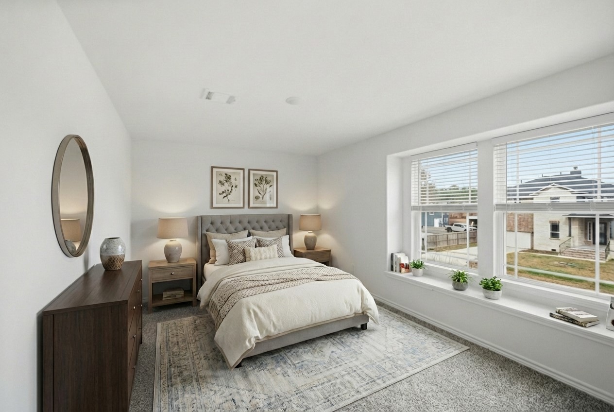 16511 Boston Post Road Cypress, TX 77429 - Photo 31 of 46 a bedroom with a bed a mirror and a large window