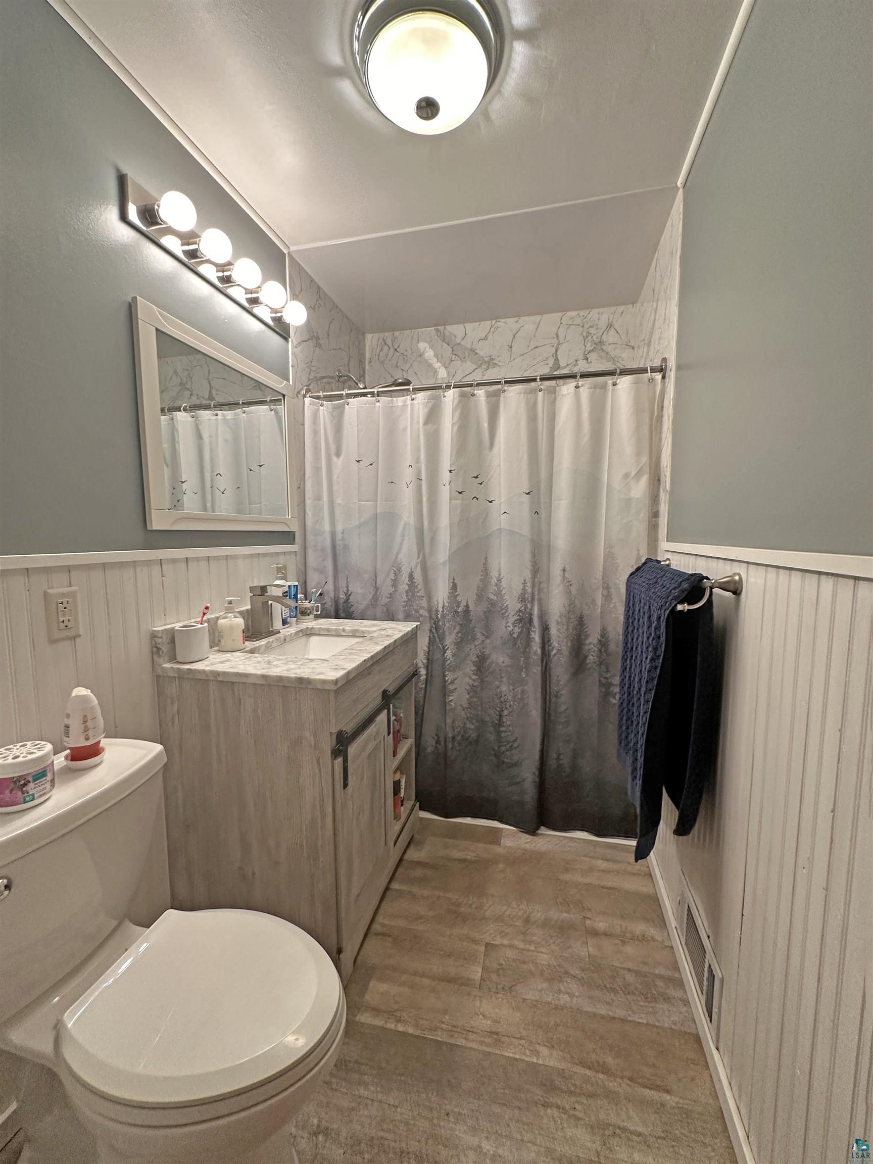 5865 Eastview Road Iron River, WI 54847 - Photo 26 of 41 Bathroom featuring hardwood / wood-style flooring, vanity, and toilet