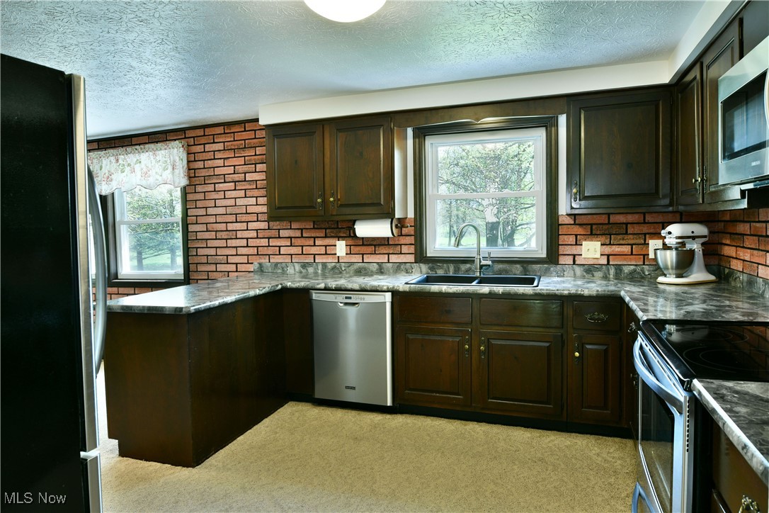 379 Housel Craft Road Bristolville, OH 44402 - Photo 12 of 50 Kitchen featuring a sink, stainless steel appliances, a textured ceiling, and a wealth of natural light