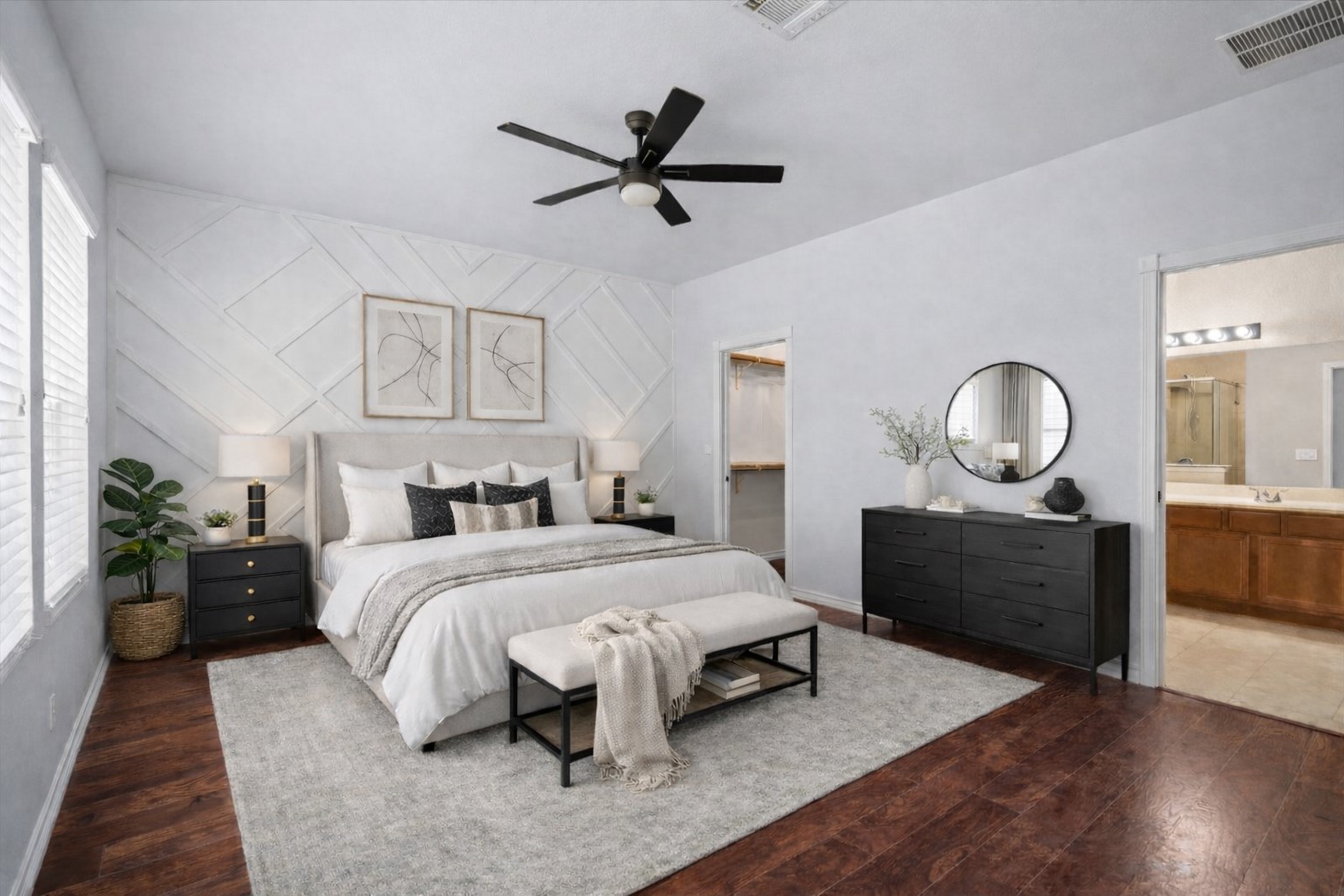 312 Waterloo Drive Kyle, TX 78640 - Photo 12 of 31 Huge primary bedroom with gorgeous custom accent wall (digitally staged)