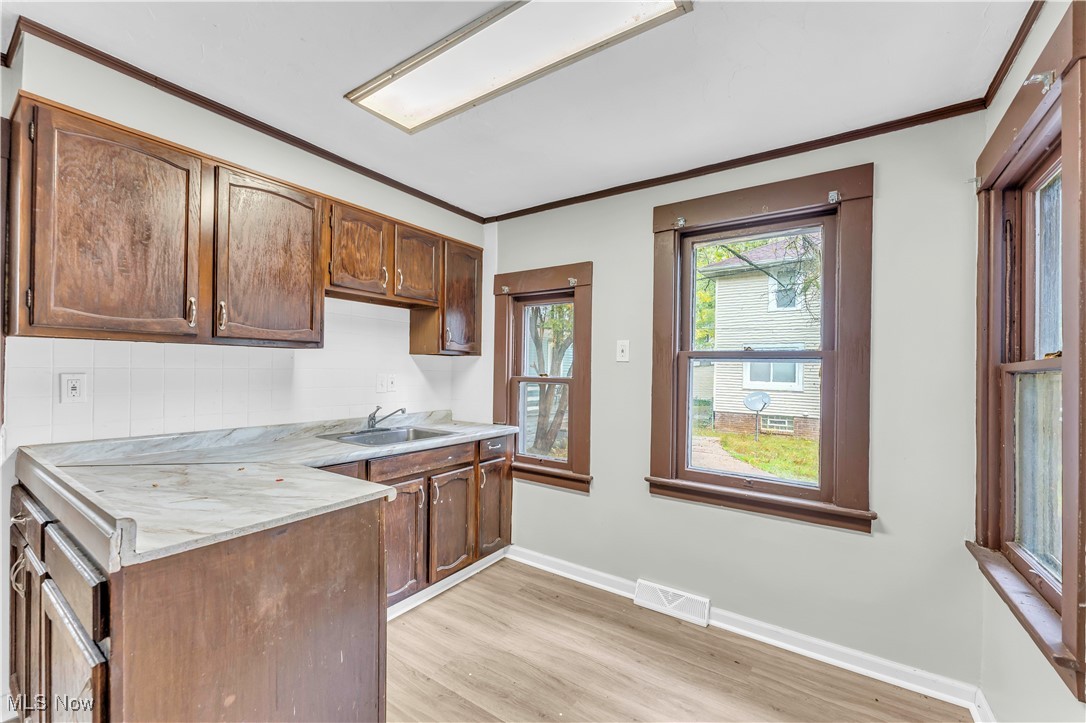 4149 Bluestone Road Cleveland, OH 44121 - Photo 17 of 41 Kitchen featuring decorative backsplash, crown molding, light hardwood / wood-style flooring, and sink