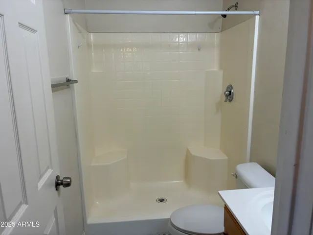 a bathroom with a shower and a toilet