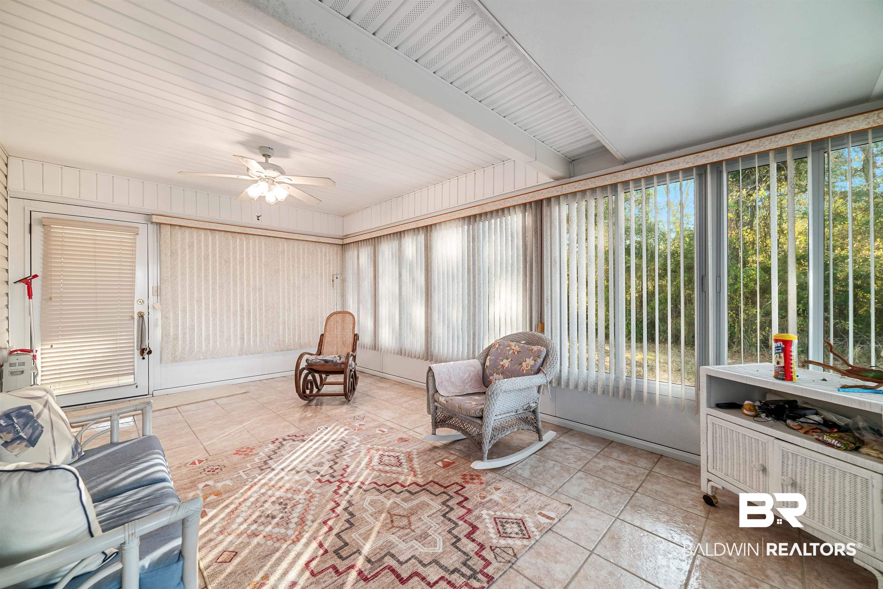 1 Bay Circle Foley, AL 36535 - Photo 23 of 28 Sunroom / solarium featuring ceiling fan and beamed ceiling