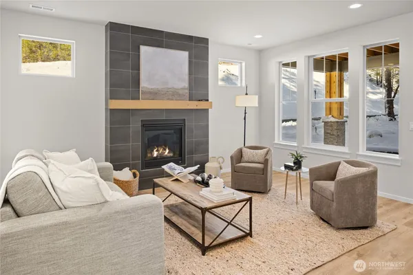 a view of a dining room with furniture