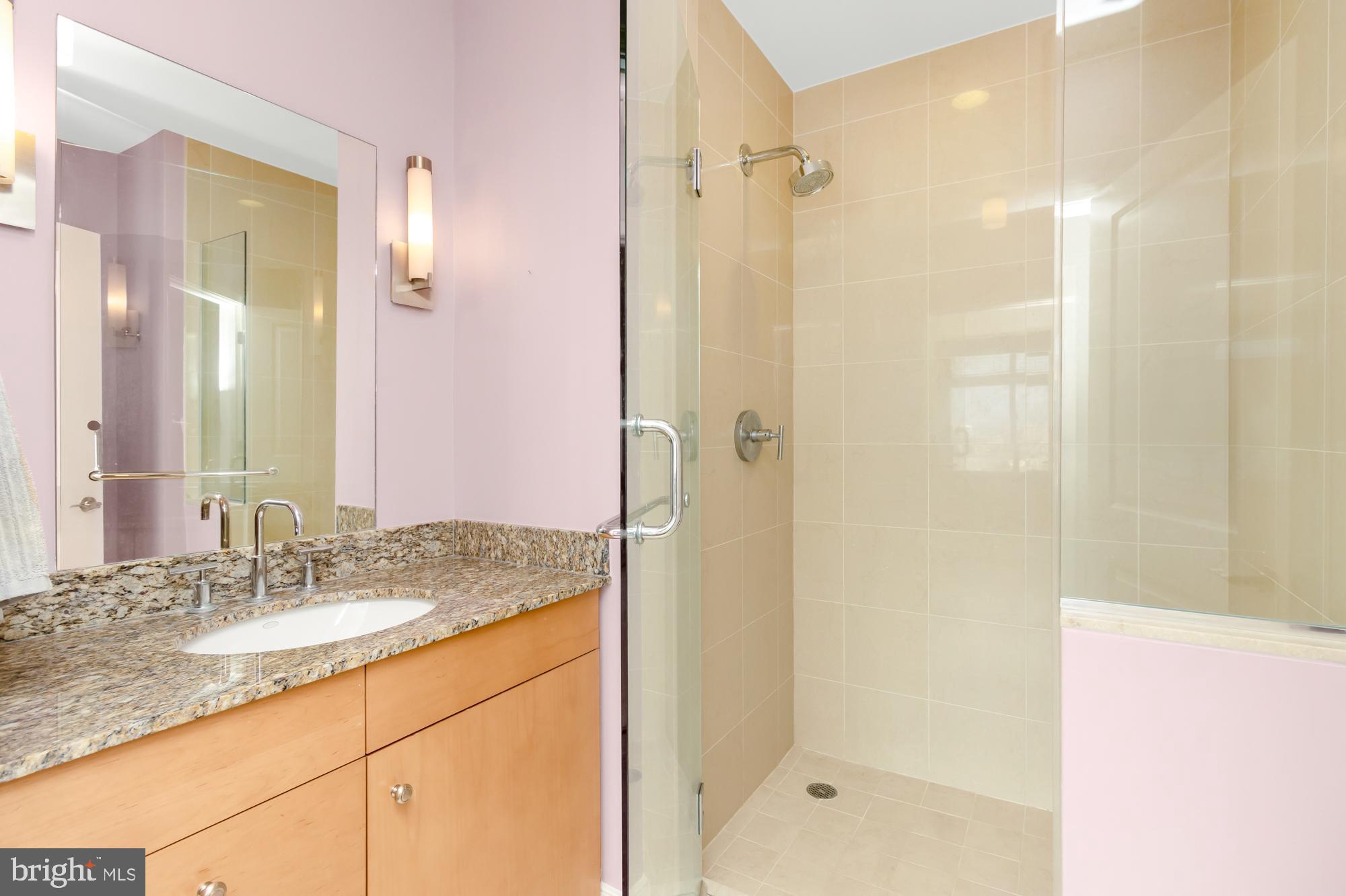 675 President Street, Unit 1406 Baltimore, MD 21202 - Photo 19 of 30 a bathroom with a granite countertop sink a mirror and a shower