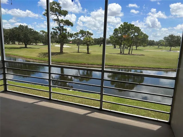 a view of a park with large trees