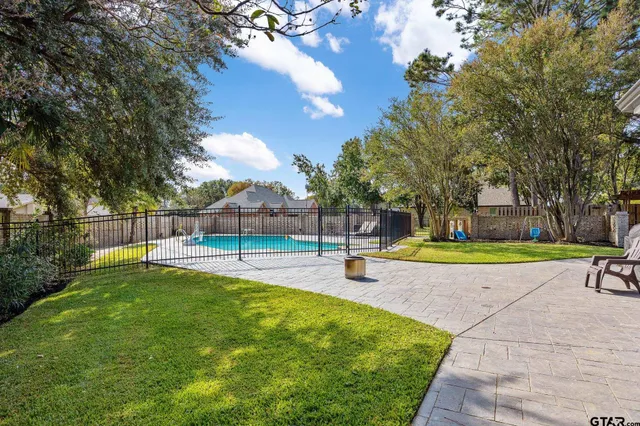 a view of a swimming pool with a yard