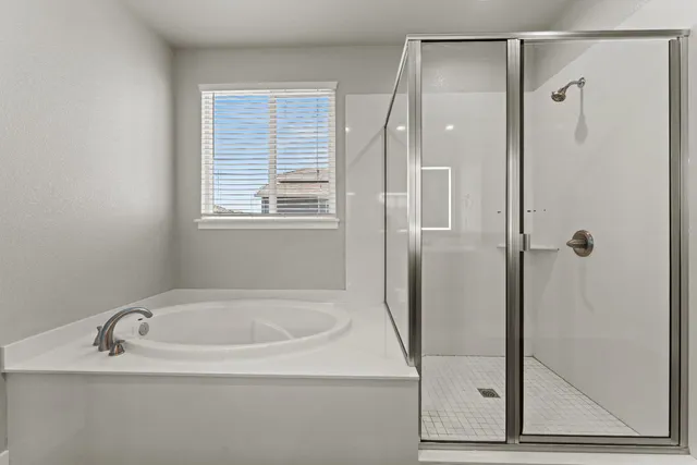 a bathroom with a bathtub and shower