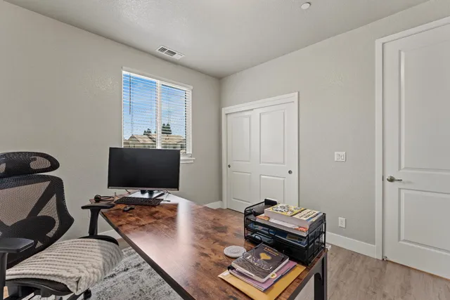 a room with a workspace