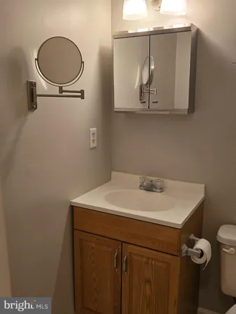 a bathroom with a sink a toilet and a mirror