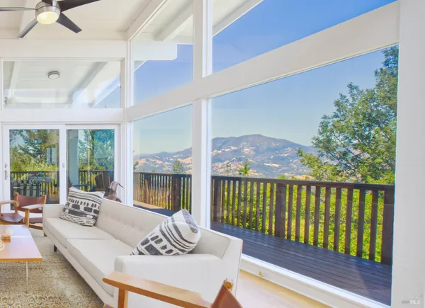a living room with furniture and a floor to ceiling window