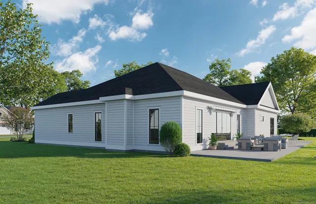 a view of a house with swimming pool and a yard