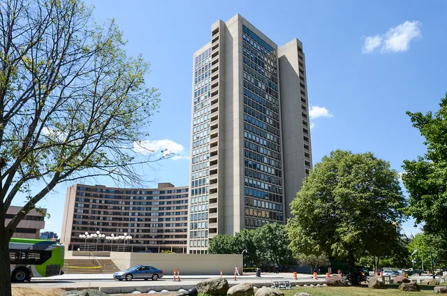a view of a city with tall buildings