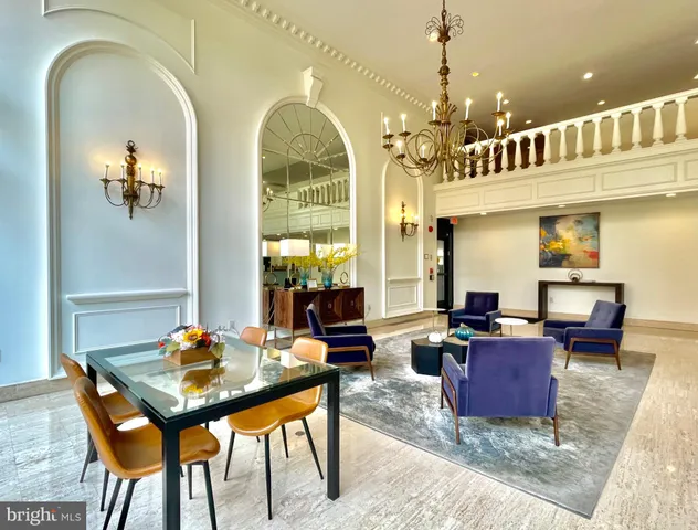 a view of a dining room with furniture