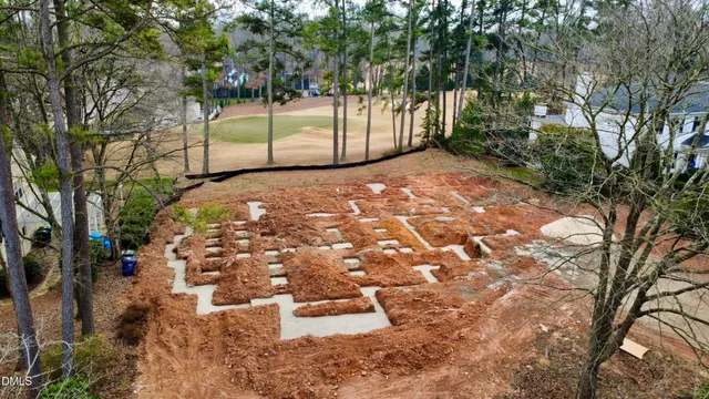 a view of a yard with large trees