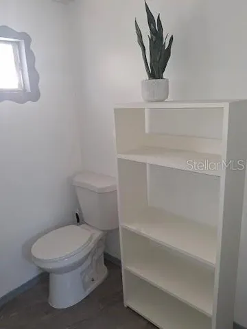 a bathroom with a toilet and a potted plant