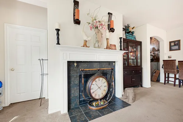 a view of living room with furniture and a fireplace