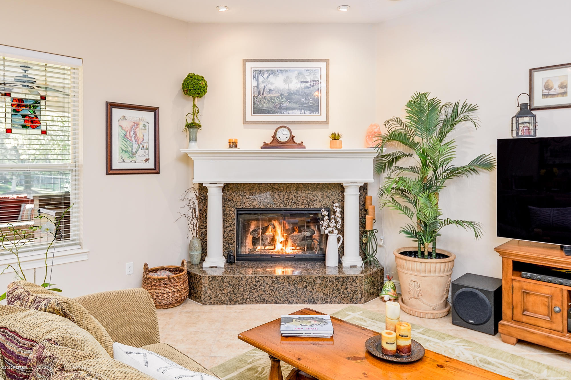 8313 Sheila Drive St. Augustine, FL 32092 - Photo 20 of 54 a living room with furniture a potted plant and a fireplace