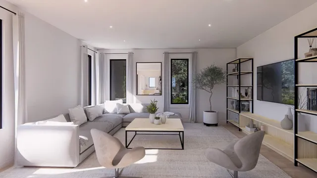 a living room with furniture and a table