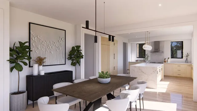 a living room with furniture potted plant a sink and a mirror