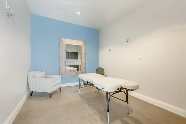 a view of a lake with boats and palm trees