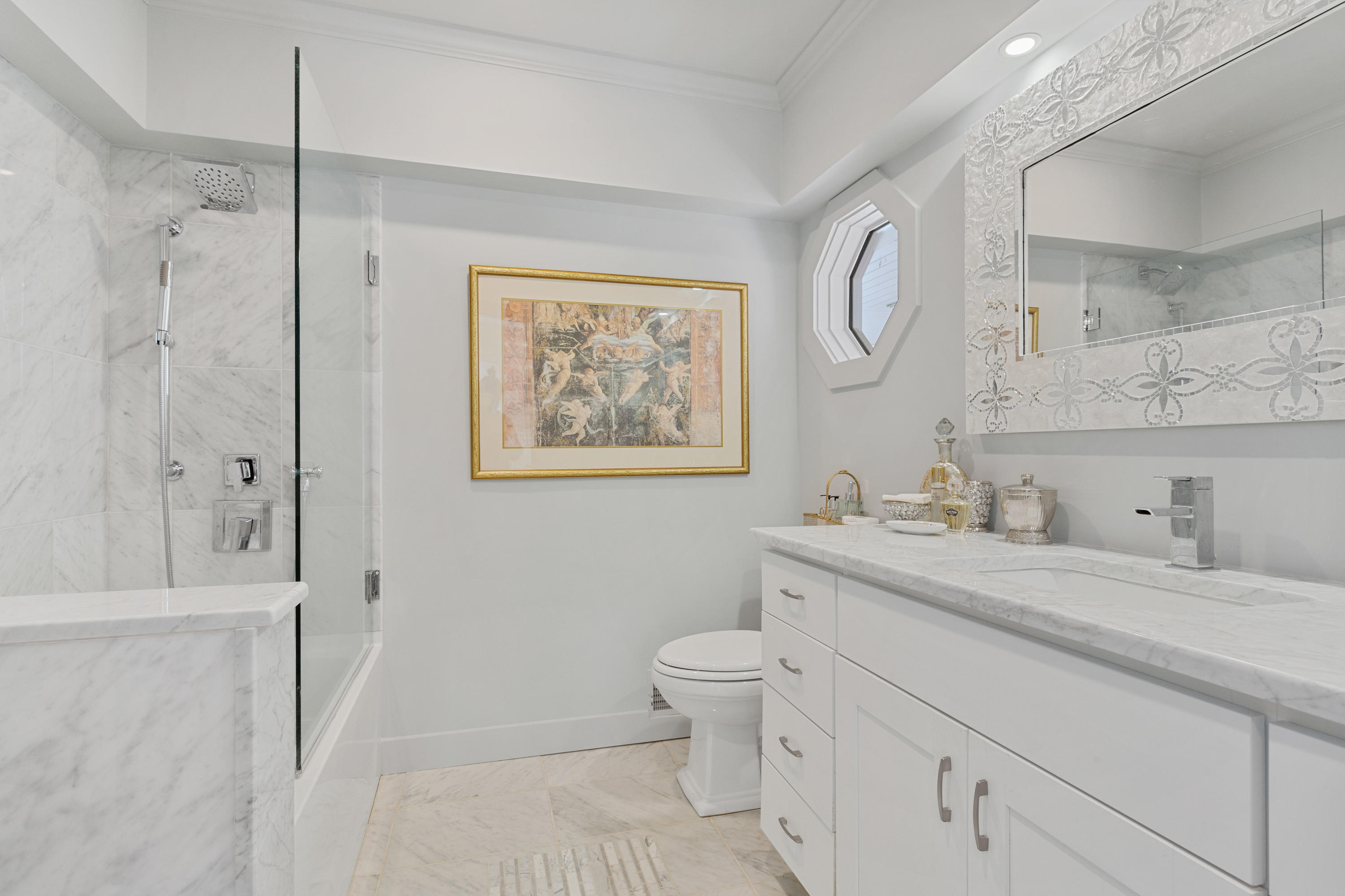 205 Uncle Percy's Road Mashpee, MA 02649 - Photo 25 of 54 a bathroom with a granite countertop sink a toilet and a shower